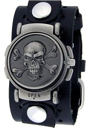 Steel Skull Reversible Black Leather Wide Band Trendy Design Iron White Dial Skater Gothic Punk Biker Wristband Watch