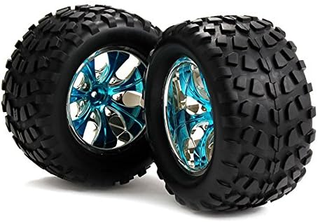 Generic Plastic Wheel Rims and Rubber Tires 7 Spoke for 1:10 Truck Bigfoot Car Blue Plating Pack of 4