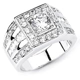 Bright Solid Sterling Silver Cubic Zirconia Rhodium Plated Men's Ring