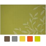 Secret Life(TM) Set of 4 Reversible Mustard / Grass Green Color Leaf Theme Woven Vinyl Placemats Set (4,Mustard)