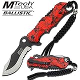 Skull Handle Ballistic Folding Knife Bundle! (MT-A808RD) Red Skull Handle Spring Assisted Folding Knife & Pocket Sharpener! 2 Tone Partially Serrated Stainless Steel Blade. Incl Lanyard & Pocket Clip