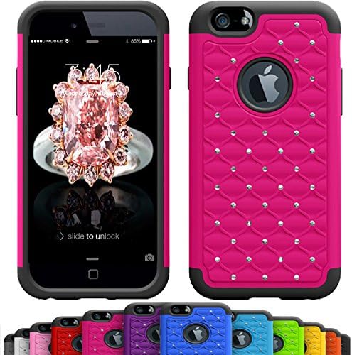 GIRLY iPhone 6s / 6 Plus (5.5 Inch) Crystal Studded Defender Cases by VALLT, Hybrid Dual Layer Rhinestone Bling Protective Case Cover for Apple I Phone - Lifetime Guarantee (Fire Pink)