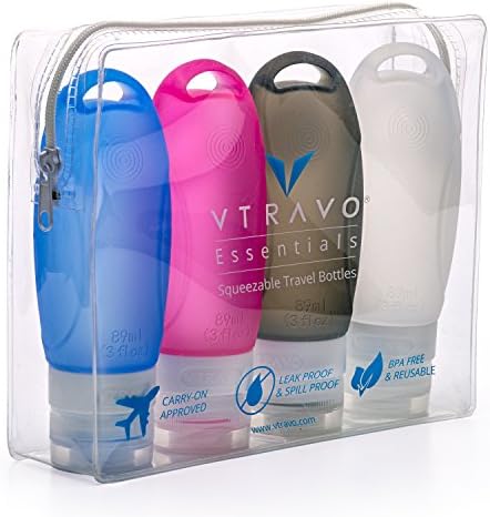 VTravo Silicone Travel bottles Set of 4, 3 Oz. Blue/Pink/White/Black with Toiletry Bag, Leak Proof, TSA Carry-On Approved