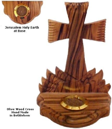 Olive Wood Crucifix with Holy Earth on Base Spiritual Religious Made in Bethlehem