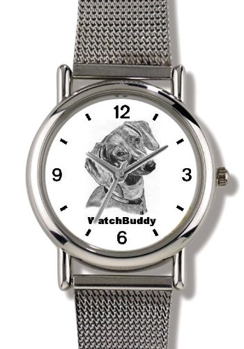 Dachshund-Shorthaired (SC) Dog - WATCHBUDDY® ELITE Chrome-Plated Metal Alloy Watch with Metal Mesh Strap-Size-Small ( Standard Women's Size )