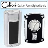Colibri QTR495001 Baron Dual Jet Flame Cigarette Lighter Bundle With Cigar Cutter Slyce 64 Gauge Spring Loaded Black Lacquer