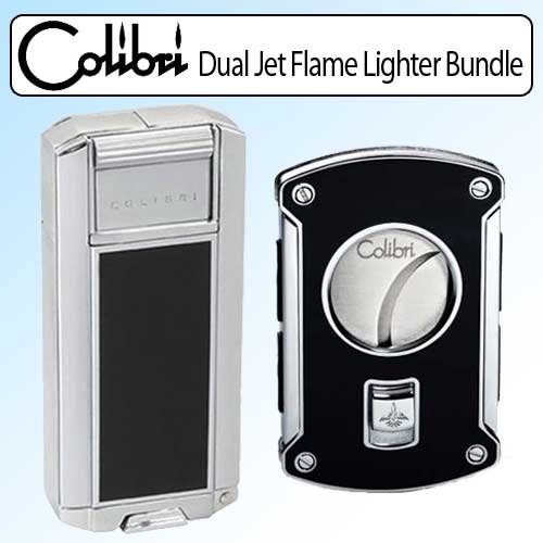 Colibri QTR495001 Baron Dual Jet Flame Cigarette Lighter Bundle With Cigar Cutter Slyce 64 Gauge Spring Loaded Black Lacquer