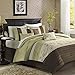 Madison Park Serene Cal King Size Bed Comforter Set Bed in A Bag - Green, Embroidered â€“ 7 Pieces Bedding Sets â€“ Faux Silk Bedroom Comforters