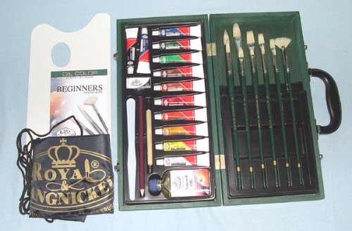 Paint Set with 12 Oil Paints and Brushes in Wood Box