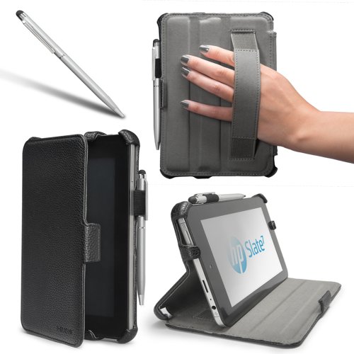 i-Blason Slim Folio Book Shell Stand case Cover for HP Slate 7 Inch Android Tablet with Elastic Hand Strap, Stylus Loop & Bonus Stylus (3 Year Warranty)- Black