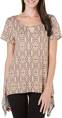 C'est La Vie Womens Snakeskin Print Sharkbite Top Medium Ivory/brown