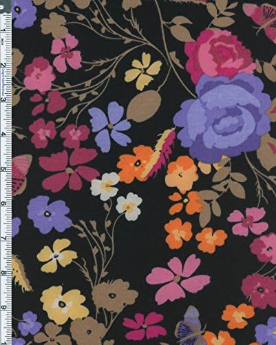 Stretch Spun Poly Jersey Knit Butterfly Floral Garden Print Fabric By the Yard, Black /Pink /Purple