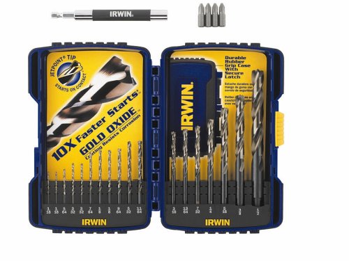 Irwin 3018024 18 Piece 1/16-Inch to 1/2-Inch Drill Bit Assortment with 4 Bit Tip Assortment and Bit Tip Holder