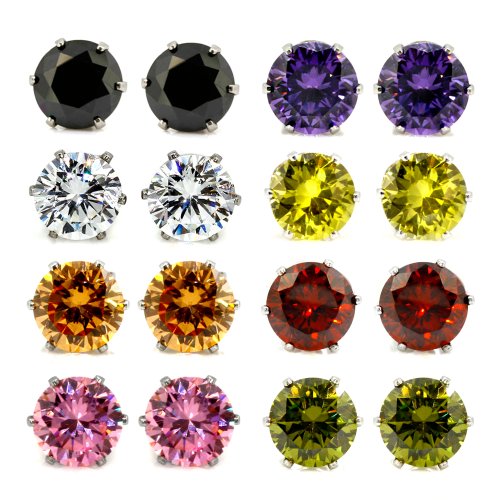 JewelrieShop Lady 8 Pairs Round Square Cuts Stud Earrings, Stainless Steel Cubic Zirconia Rings Set