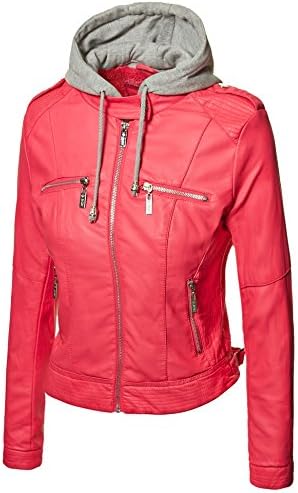 LL Womens Removable Hoodie leather Jacket with straps S CORAL