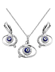 .925 Sterling Silver CZ Journey Earrings and Matching Pendant-Necklace Set with 0.9mm Cable Rolo Chain - 16"+2" Inches Extension