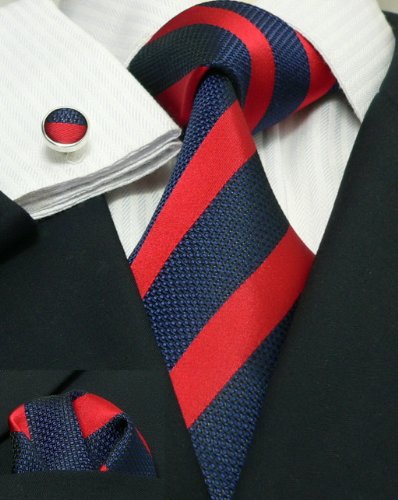 Landisun 74F Navy Blue Red Stripes Mens Silk Tie Set: Tie+Hanky+Cufflinks