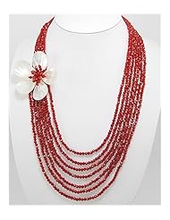 Dark Red Coral Flower Mother of Pearl Necklace In Sterling Silver