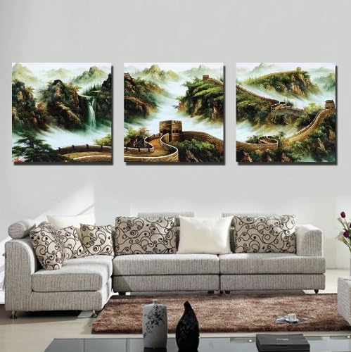 Espritte Art-Large Chinese The Great Wall Painting on Canvas Print Stretched and Framed,Ready to Hang, Modern Home Decorations Wall Art set of 3 Each is 50*50cm #D12-376