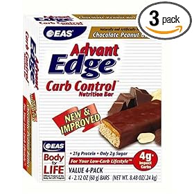 EAS AdvantEdge Carb Control Nutrition Bar, Chocolate Peanut Butter, 2.12-Ounce Bars in 4-Count Boxes (Pack of 3)