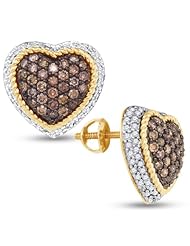 10K Yellow and White Two 2 Tone Gold Round Brilliant Cut Chocolate Brown and White Diamond - Heart Shape Halo Channel Set Studs Earrings with Secure Screw Back Closure - (1.20 cttw.)