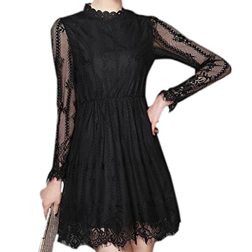 Hanixx 大人キュート 長袖 ワンピース きれいめ レース 上品 フリル 白 黒 シンプル 結婚式 デート 二次会 レディース