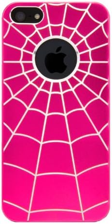 GROUP SET - Rear Tough Slim SPIDER WEB Art Cover Plate Shell + White Handsfree Earphones w/ Mic + Clear Screen Protector Film + Traveling Windshield Mount for Apple iPhone 5 LTE 4G // PINK MAGENTA & SILVER