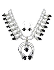 Onyx Squash Blossom Silver Navajo Jewelry Necklace Set MX22997