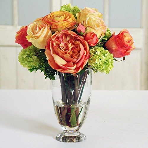 Jane Seymour Botanicals 14 in. Roses and Ranunculus Bouquet with Glass Vase Silk Flower Arrangement
