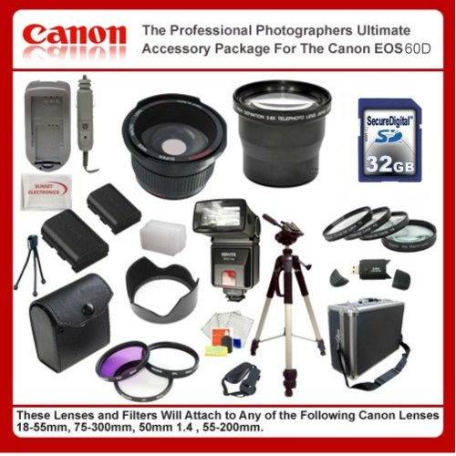 The Professional Photographers Ultimate Accessory Package For The Canon EOS 60D includes: 32GB Hi Speed Error Free Memory Card, Hi Speed Card Reader, Macro Lens Kit, 2 Batteries & Charger, Hard Flower lens Hood, 0.5x Professional Wide Angle Lens , 3.6X Telephoto Lens, 72 Inch tripod, Professional Digital Camera Swivel TTL Flash, Flash Diffuser, Hard Carrying Case, Lens Cleaning Kit, Screen Protectors, Flexible Mini Tripod and More...