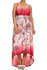 Plus Size Scoop Neck Spaghetti Strap Draped Paisley High-Low-Hem Maxi Dress 