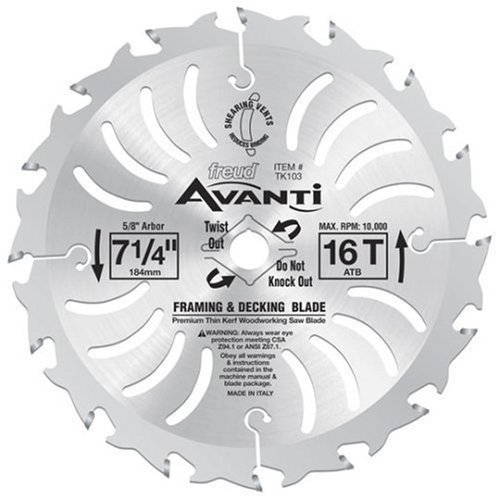 Freud TK103-B Avanti 7-1/4-Inch 16 Tooth ATB Framing and Decking Saw Blade with 5/8-Inch and Diamond Knockout Arbor, 20 Pack