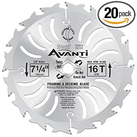 Freud TK103-B Avanti 7-1/4-Inch 16 Tooth ATB Framing and Decking Saw Blade with 5/8-Inch and Diamond Knockout Arbor, 20 Pack