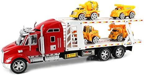 Tornado Speed Construction Trailer Toy Truck w/ Trailer, Cement Mixer, Dump Truck, Bulldozer, Crane (Colors May Vary)
