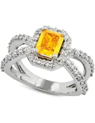 Gemesis Created Diamond, Vivid Fancy Yellow Orange, Fashion Emerald Cut With Split Shank and Diamond Accents, 18Kt W/G, Ring, 1.78 TCWT