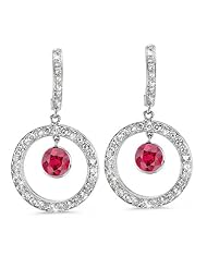Twin Circle Pave Diamond Earrings In 18K White Gold With A 0.58 ct. Genuine Ruby Center Stone.