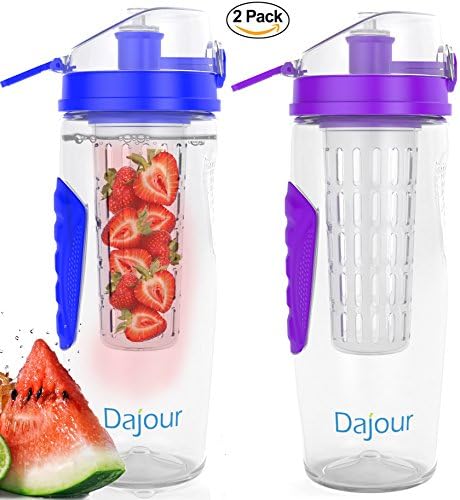 2 PACK - Fruit Infuser Water Bottle 32 Ounce NO BPA Sports Flavor Infusion Bottle - PLUS Recipe Ebook and Cleaning Brush INCLUDED (2 PACK - PURPLE&amp;BLUE)