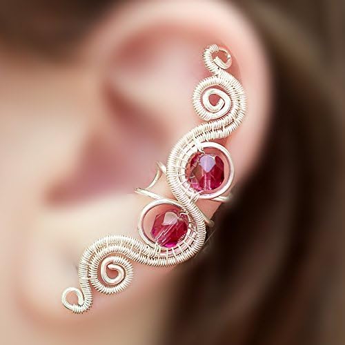Pink and silver gothic EAR CUFF with czech glass crystals