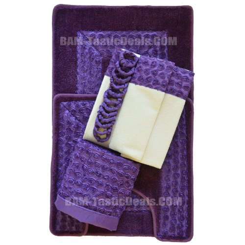 Purple FLORAL RIBBON 18-Piece Bathroom Set: 2-Rugs/Mats, 1-Fabric Shower Curtain, 12-Fabric Covered Rings, 3-Pc. Decorative Towel Set