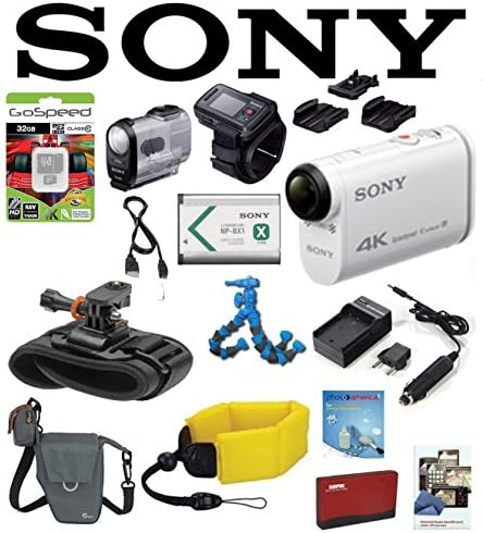 Sony FDR-X1000VR/W FDR-X1000V FDRX1000VRW X1000VRW 4K Action Cam and LiveView Remote Kit w/ Pro WRIST MOUNT, Battery, Flexpod, LowePro Case, Floating Strap, 32GB, Accessory Kit