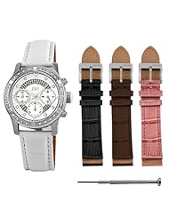 JBW Womens JB-6237-C.set Venus Silver White Designer Leather Diamond Watch with Interchangeable Band Set