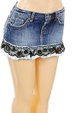 Sexy Blue Denim Jeans Short Mini Skirt with Black Lace XS S M L XL