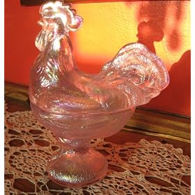 9" Pink Carnival Glass Covered Rooster Candy Dish