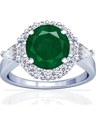 18K White Gold Round Cut Emerald Ring With Sidestones