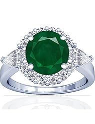 14K White Gold Round Cut Emerald Ring With Sidestones