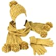 Winter 3pc Set Knit Pom Pom with Gold Beanie Skull Ski Cap Hat Scarf Gloves Camel