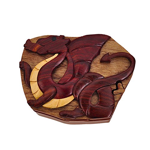 Handmade Wooden Art Intarsia TRICK SECRET Baby Dragon Fantasy Puzzle Trinket Box (3430) (g2)