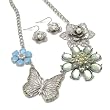 Pastel Blue Green Silver Crystal Studded Pearl Flower and Butterfly Necklace and Earrings Set Fashion Jewelry