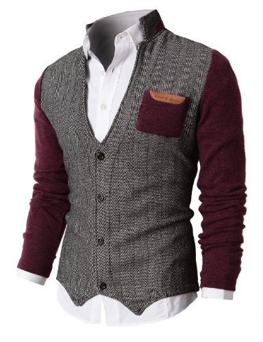 H2H Mens Herringbone Cardigan Sweater Of Knitted Sleeves