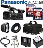 Panasonic AG-AC160 AVCCAM HD Hand-Held Camcorder + Panasonic Spare VW-VBG6 Battery Pack + Two 32GB Memory Cards + 0.45X Wide Angle Lens + 2x Telephoto Lens + Case + Tripod + Led Light + Travel charger + UV + CPL FILTER